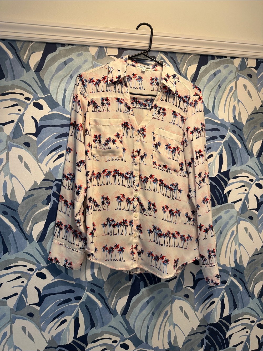 Express White Button-Down Shirt with Red & Blue Palm Print